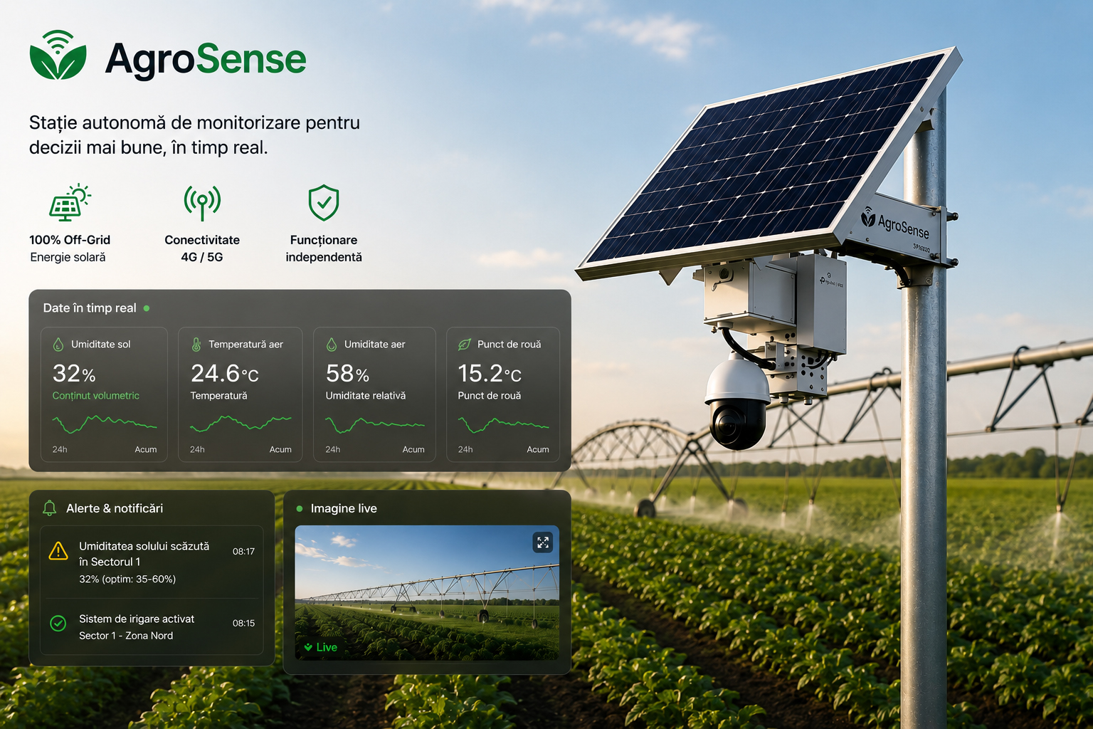 Statie meteo agricola autonoma cu panou solar si camera PTZ - AgroSense Off-Grid